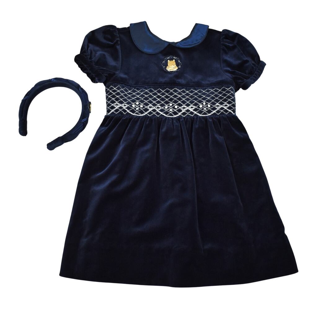 Vintage Disney Winnie the Pooh Girls 4T Blue Velveteen Smocked Dress 90s Holiday